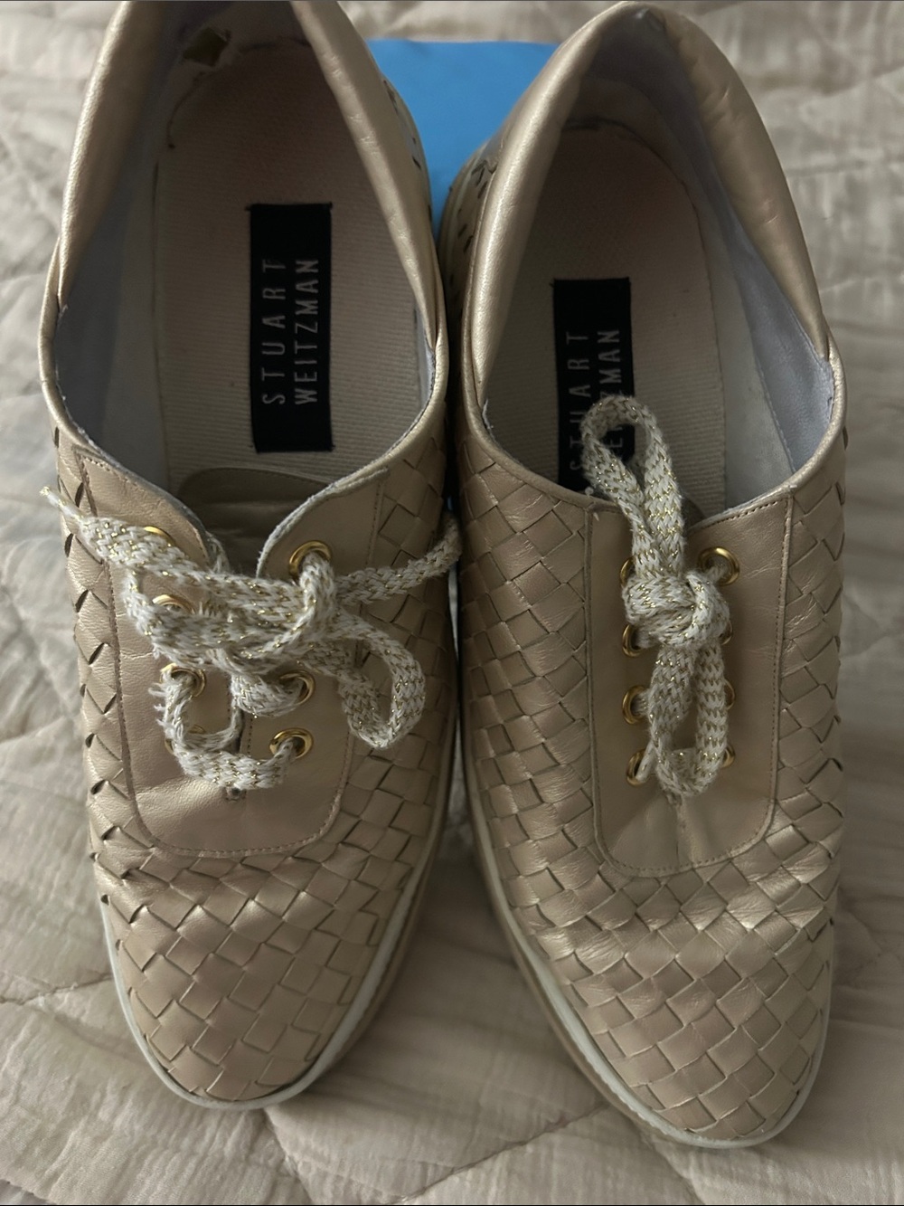 Stuart Weitzman Men’s Woven Leather Sneaker — Champagne Gold Tone